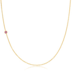 A yellow gold 14K Gold Asymmetrical Birthstone Necklace - Pink Tourmaline (October) on a white background. 