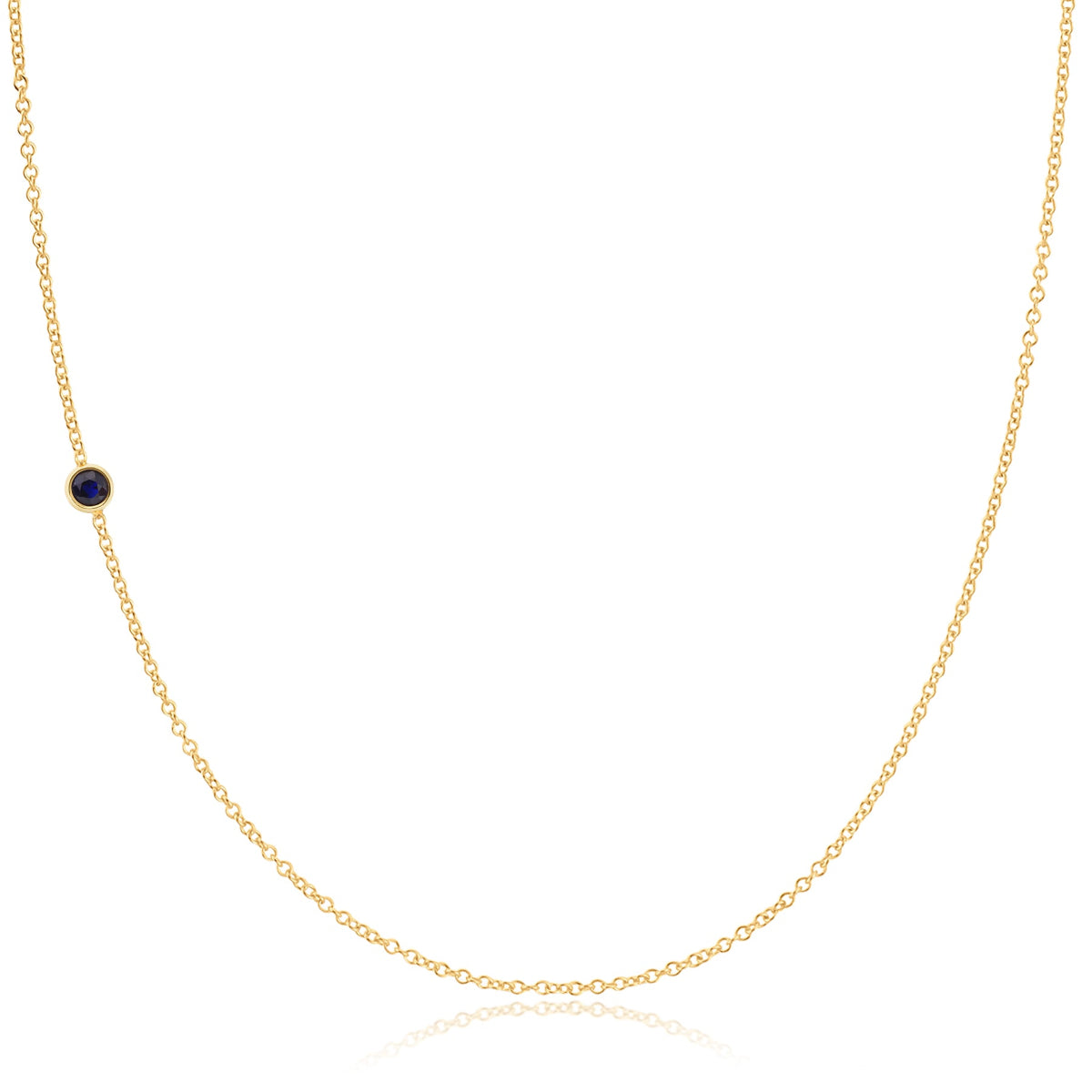 A yellow gold 14K Gold Asymmetrical Birthstone Necklace - Sapphire (September) on a white background. 