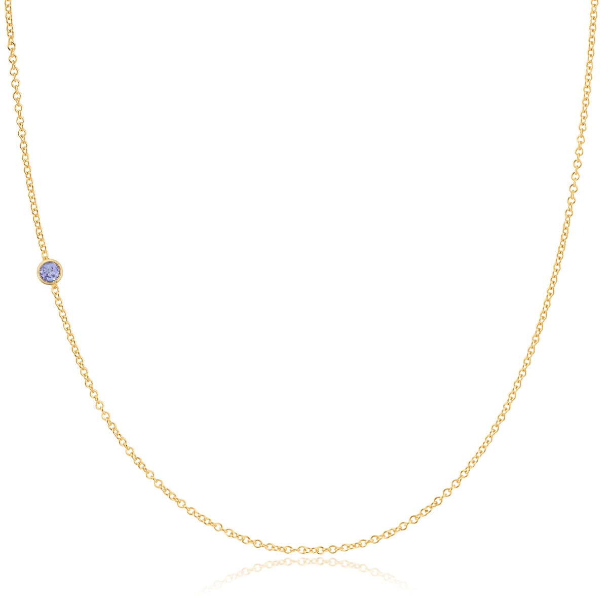 A yellow gold 14K Gold Asymmetrical Birthstone Necklace - Tanzanite (December) on a white background. 