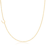A yellow gold necklace with a U letter charm on a white background. 