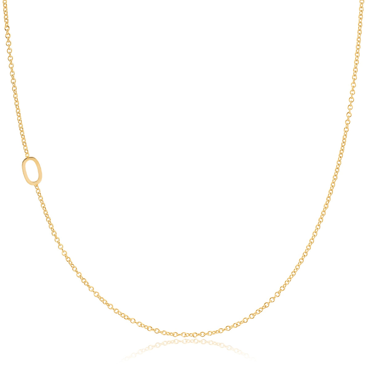 A 14k Gold Asymmetrical Number Necklace - 0 in yellow gold on a white background. 