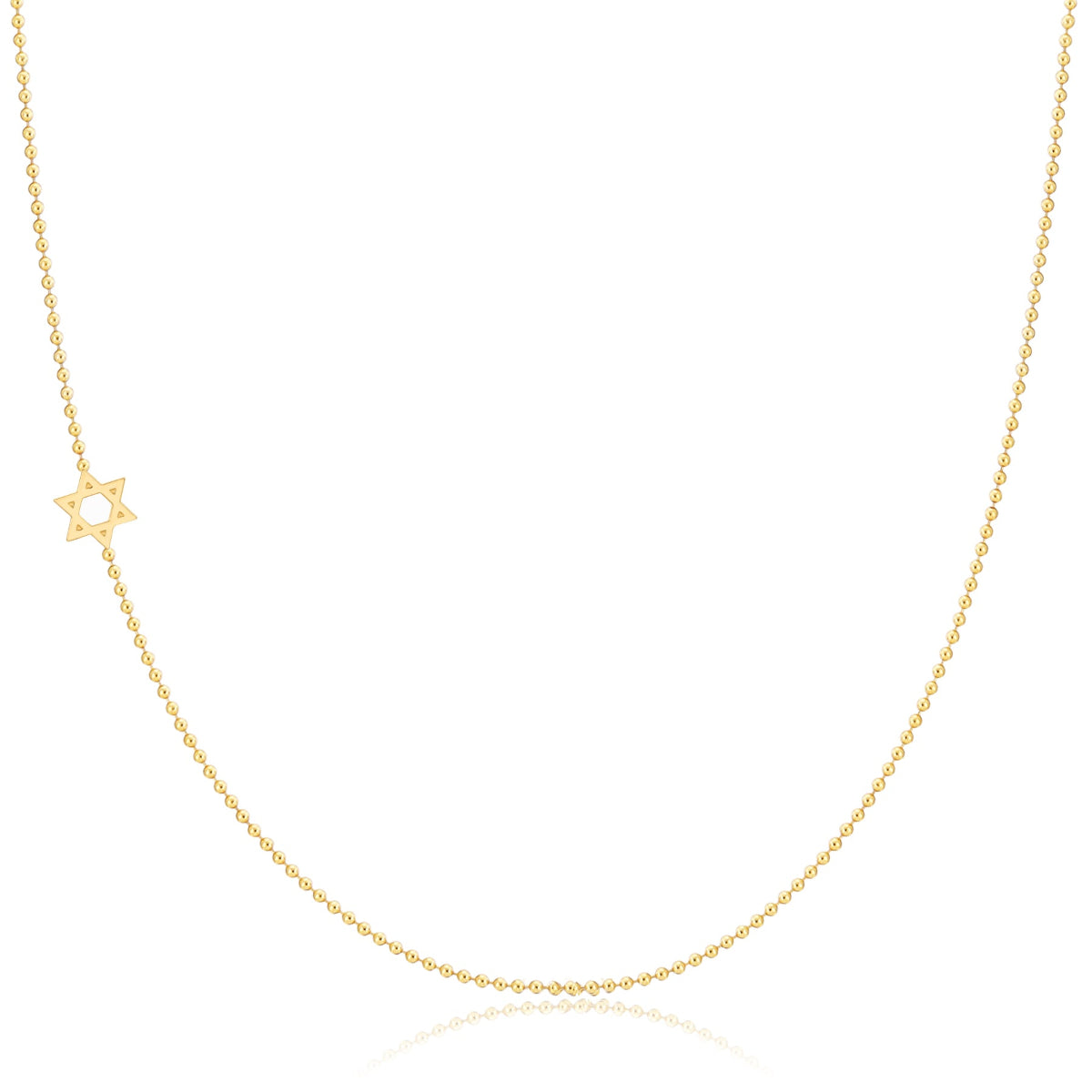 A yellow gold 14k Gold Asymmetrical Charm Necklace - Star of David with bead chain on a white background. 
