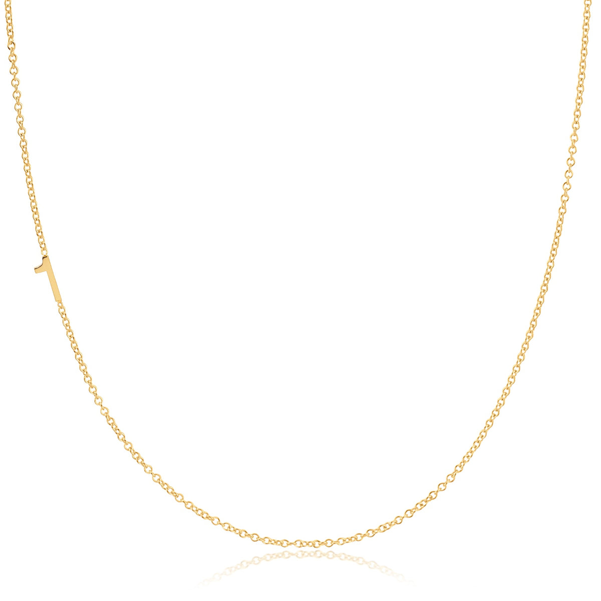 A yellow gold 14k Gold Asymmetrical Number Necklace - 1 with a cable chain on a white background. 