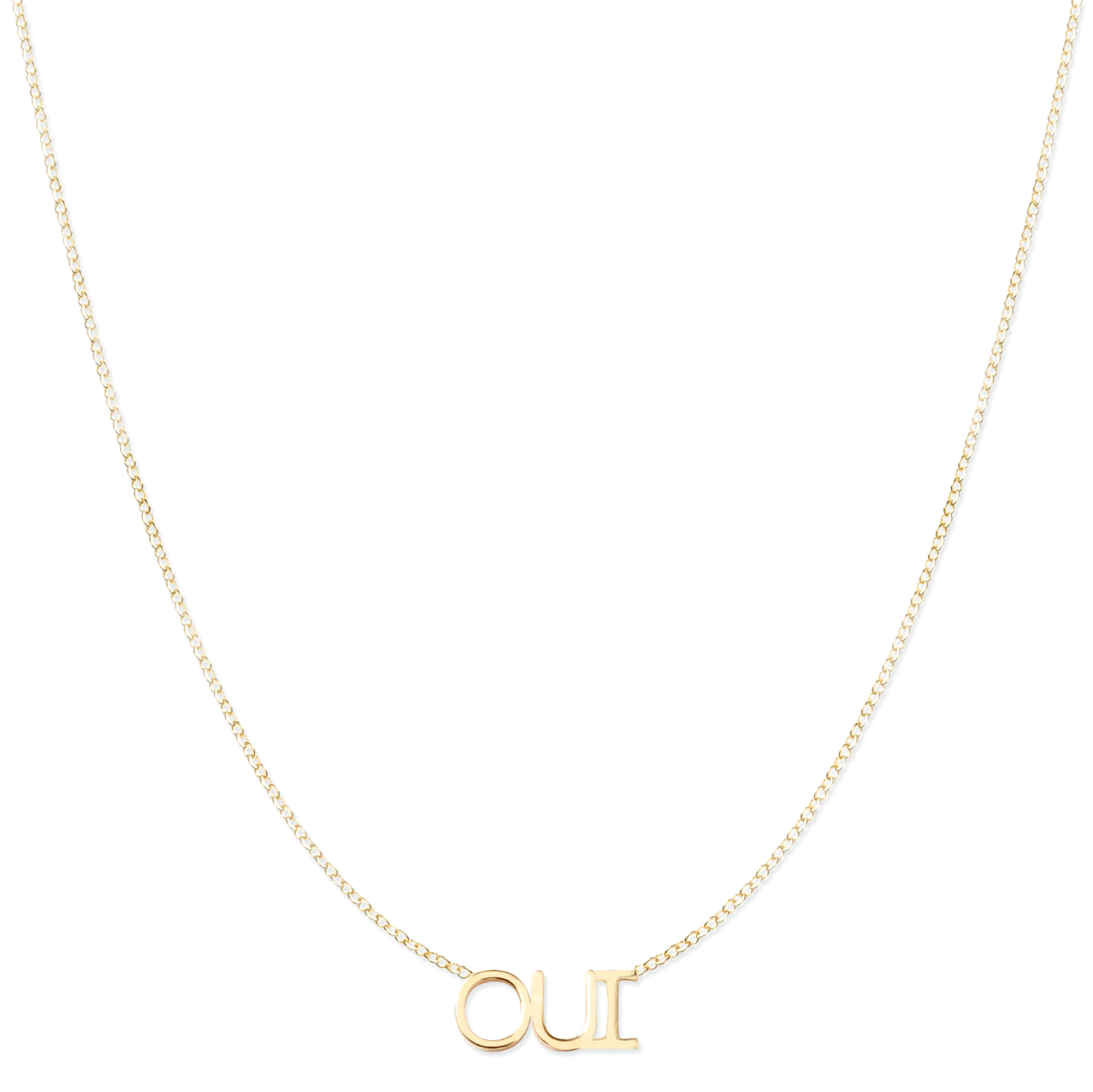 An OUI Necklace in yellow gold on a cable chain on a white background. 