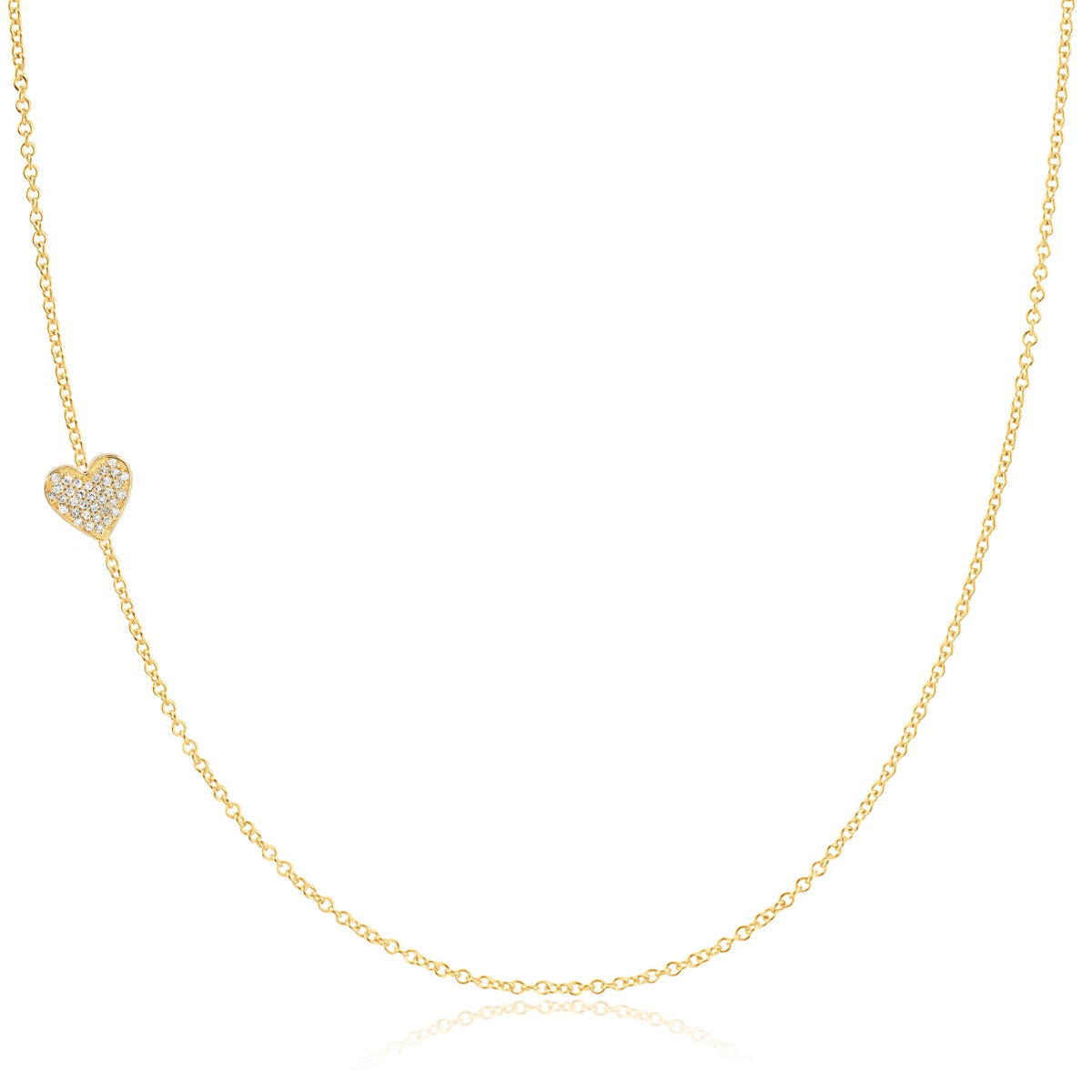 A yellow gold 14k Gold Asymmetrical Charm Necklace - Pavé Heart with a cable chain on a white background. 