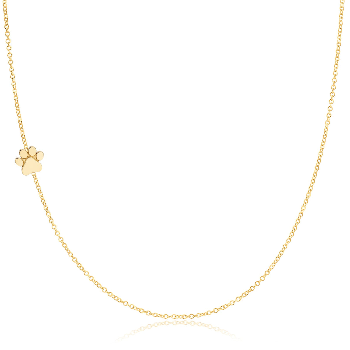 A yellow gold 14k Gold Asymmetrical Charm Necklace - Paw with a cable chain on a white background. 
