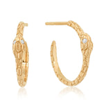 Snake Hoops in yellow gold on a white background. 
