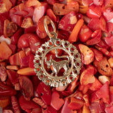 The Zodiac Necklace - Taurus pendant laid on top of red and orange stones. 
