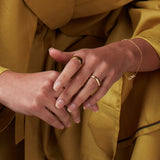 A pair of hands wearing a yellow gold Thick Band, Tube Ring and Love Bracelet, with the person wearing mustard yellow clothing. 