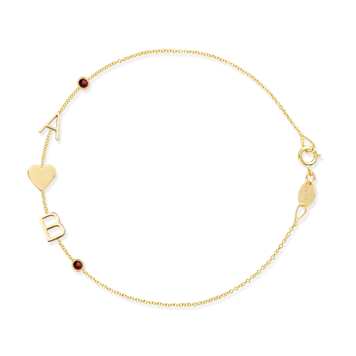 A yellow gold Custom Gold Bracelet - 5 Letters with the letters A and B, a heart charm and two birthstone charms on a white background. 