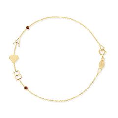 A yellow gold Custom Gold Bracelet - 5 Letters with the letters A and B, a heart charm and two birthstone charms on a white background. 