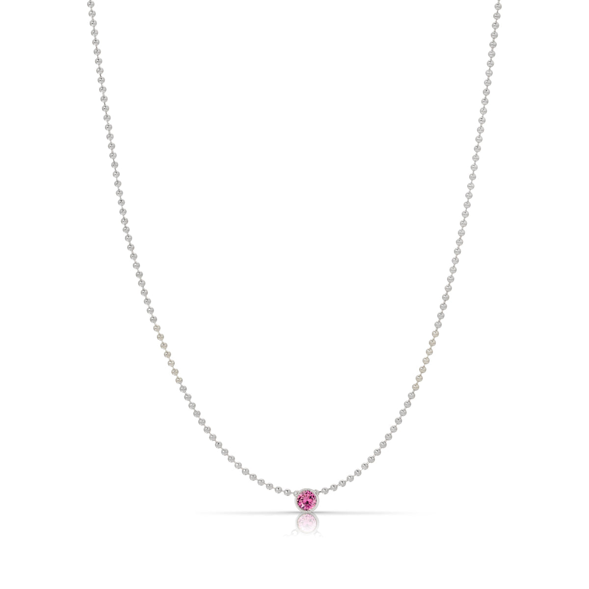 A Single Birthstone Layering Necklace - White Gold in Pink Tourmaline on a white background.