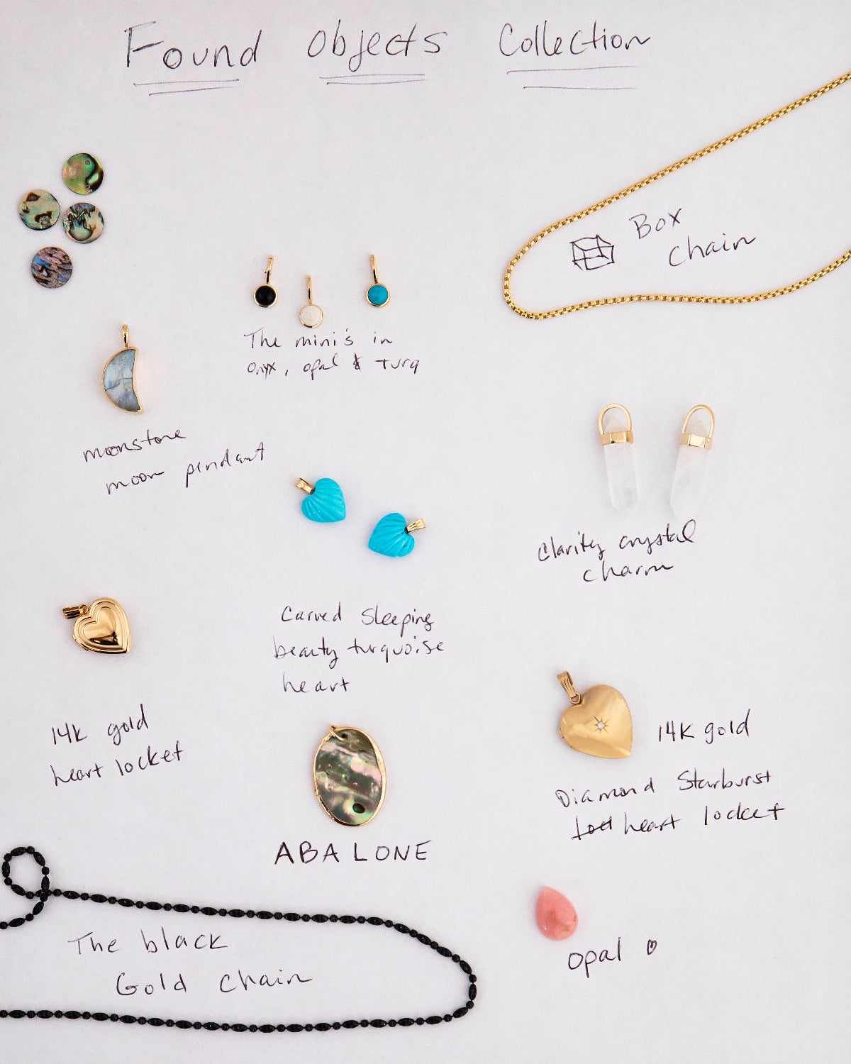 Collection of various jewellery items on white paper with labels, including a yellow Box Chain, Clarity Crystal Charms, Etched Turquoise Heart Charms, Small Abalone Cabochon Charms, Dangle Charms (Turquoise, Onyx and Opal), a Moonstone Crescent Charm, a Heart Locket Charm, a Large Abalone Cabochon Charm, a Pink Opal Tear Drop Charm and a Black Rhodium Antique Bead Chain.