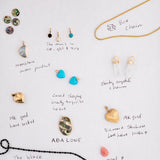 Collection of various jewellery items on white paper with labels, including a yellow Box Chain, Clarity Crystal Charms, Etched Turquoise Heart Charms, Small Abalone Cabochon Charms, Dangle Charms (Turquoise, Onyx and Opal), a Moonstone Crescent Charm, a Heart Locket Charm, a Large Abalone Cabochon Charm, a Pink Opal Tear Drop Charm and a Black Rhodium Antique Bead Chain.