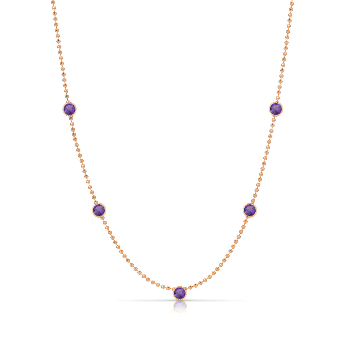 A Quintet Birthstone Layering Necklace - Rose Gold in Amethyst - February on a white background.