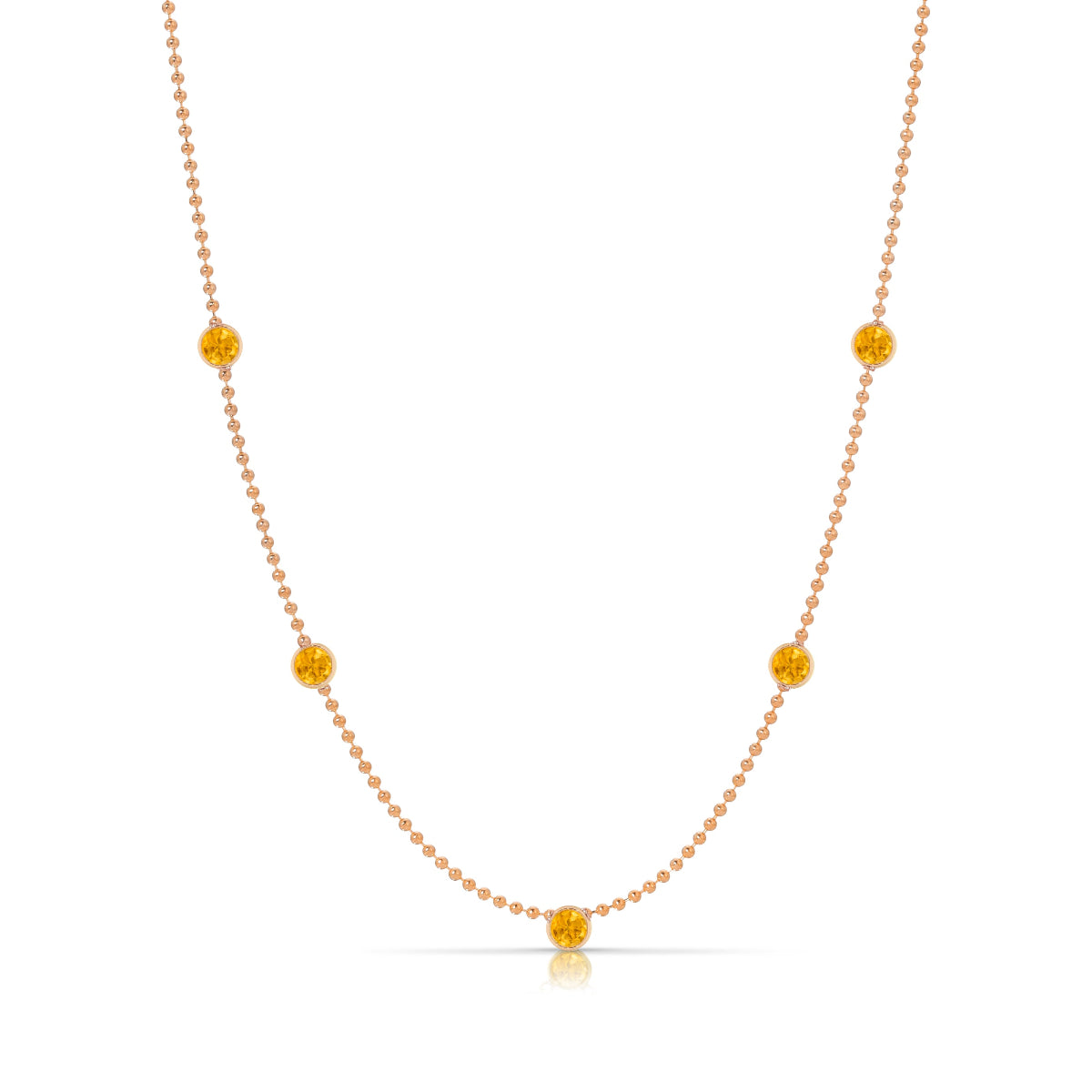 A Quintet Birthstone Layering Necklace - Rose Gold in Citrine - November on a white background.