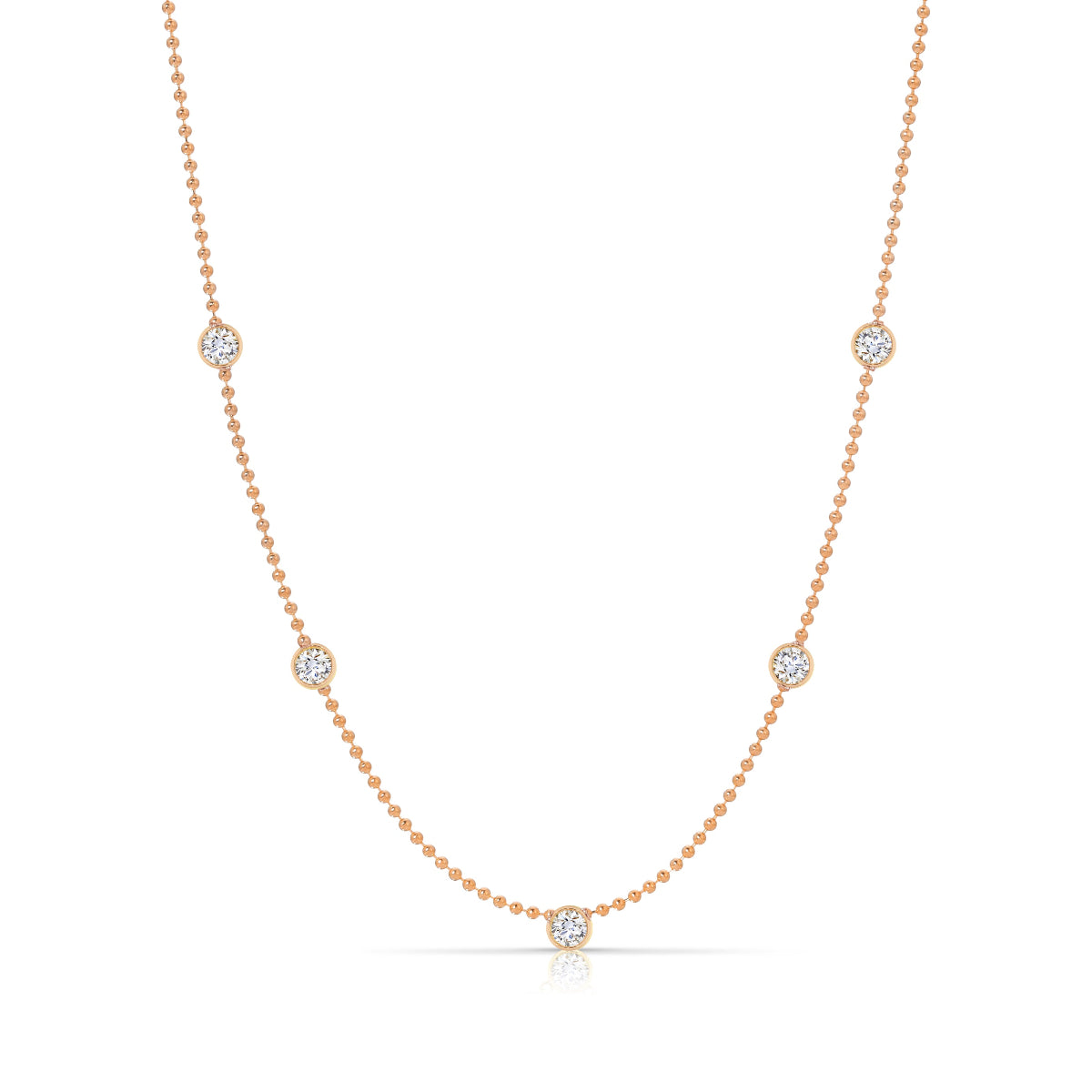 A Quintet Birthstone Layering Necklace - Rose Gold in Diamond - April on a white background.