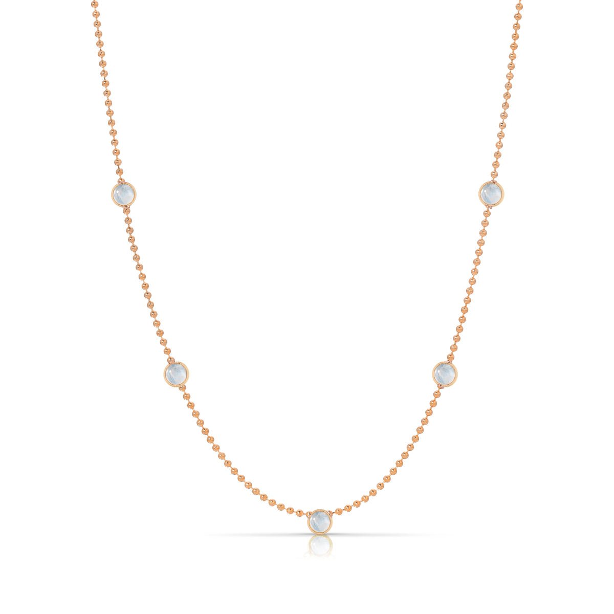 A Quintet Birthstone Layering Necklace - Rose Gold in Moonstone - June on a white background.