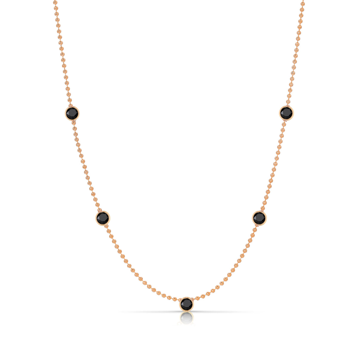 A Quintet Birthstone Layering Necklace - Rose Gold in Onyx - August on a white background.