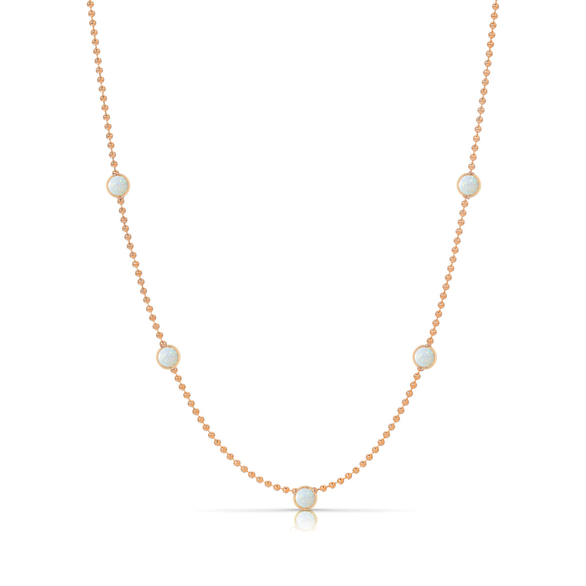 A Quintet Birthstone Layering Necklace - Rose Gold in Opal - October on a white background.