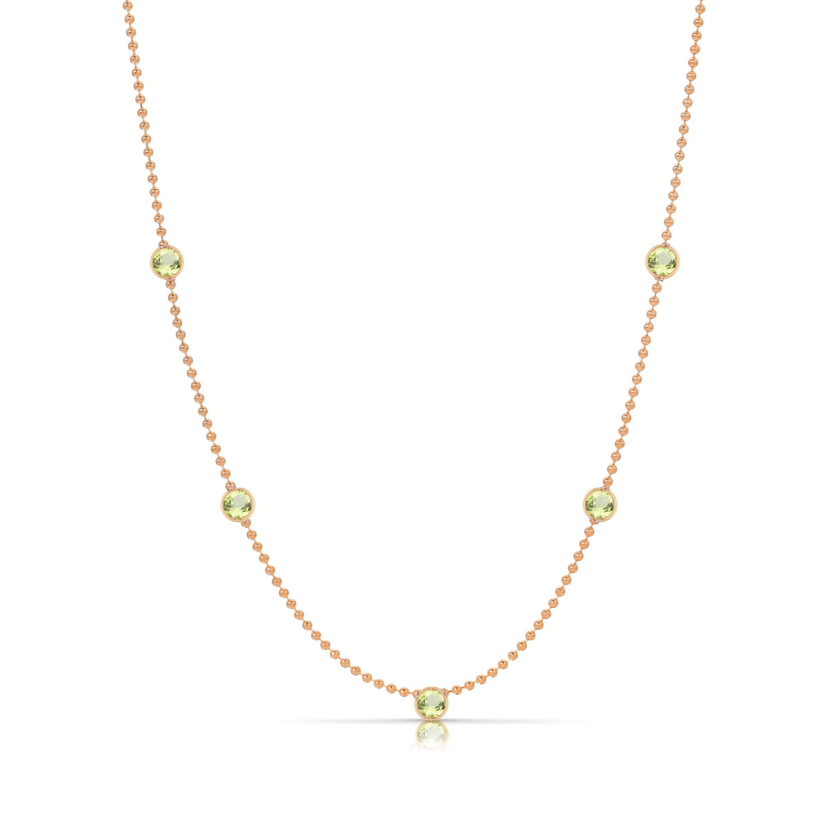 A Quintet Birthstone Layering Necklace - Rose Gold in Peridot - August on a white background.