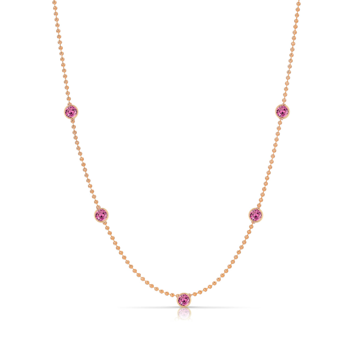 A Quintet Birthstone Layering Necklace - Rose Gold in Pink Tourmaline - October on a white background.