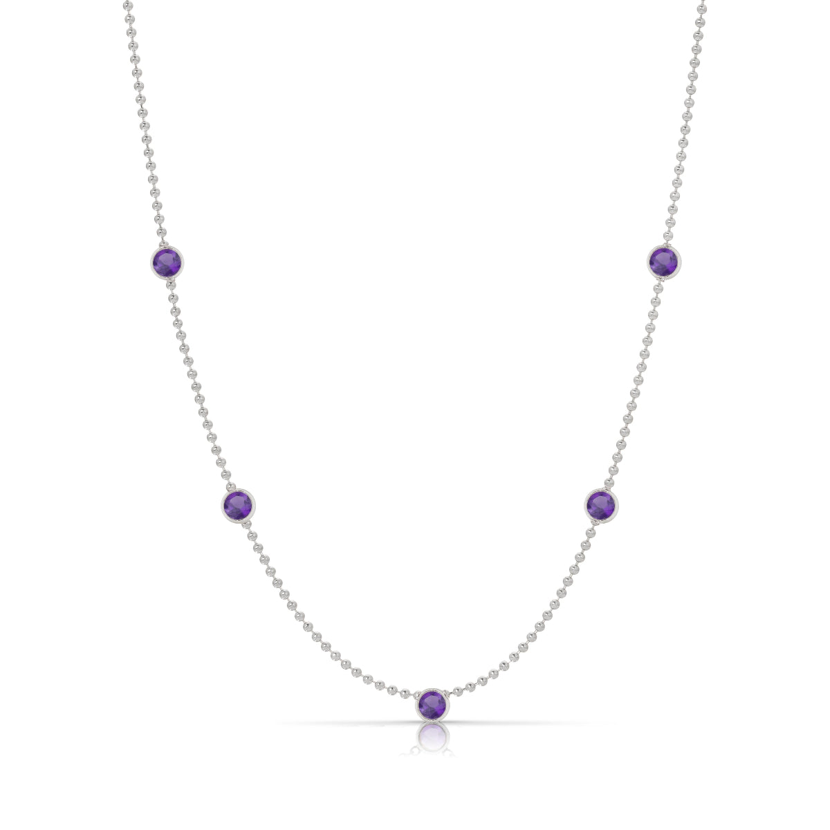 A Quintet Birthstone Layering Necklace – White Gold in Amethyst – February on a white background.