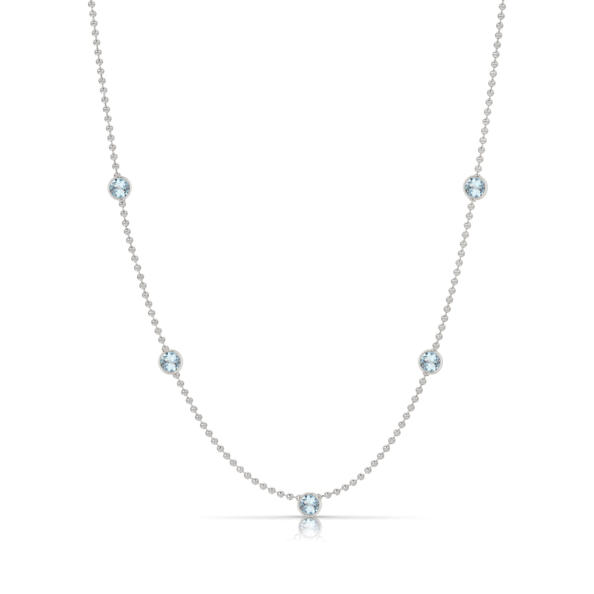 A Quintet Birthstone Layering Necklace – White Gold in Aquamarine – March on a white background.