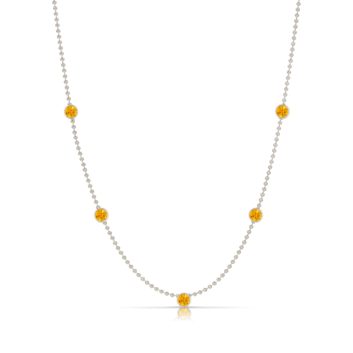A Quintet Birthstone Layering Necklace – White Gold in Citrine – November on a white background.
