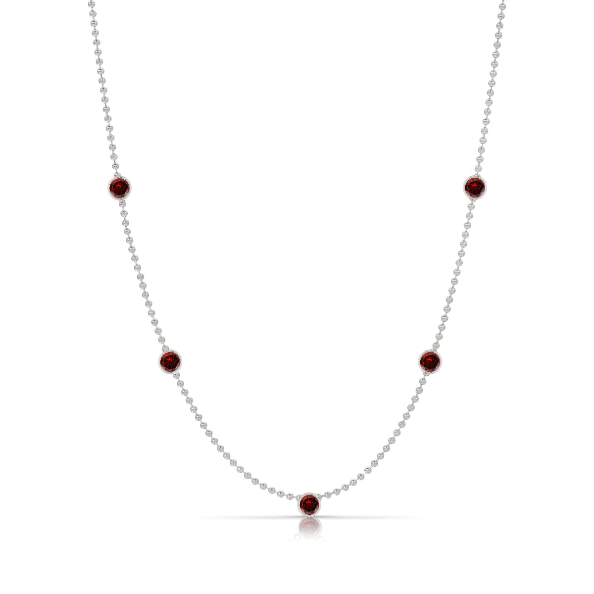 A Quintet Birthstone Layering Necklace – White Gold in Garnet – January on a white background.