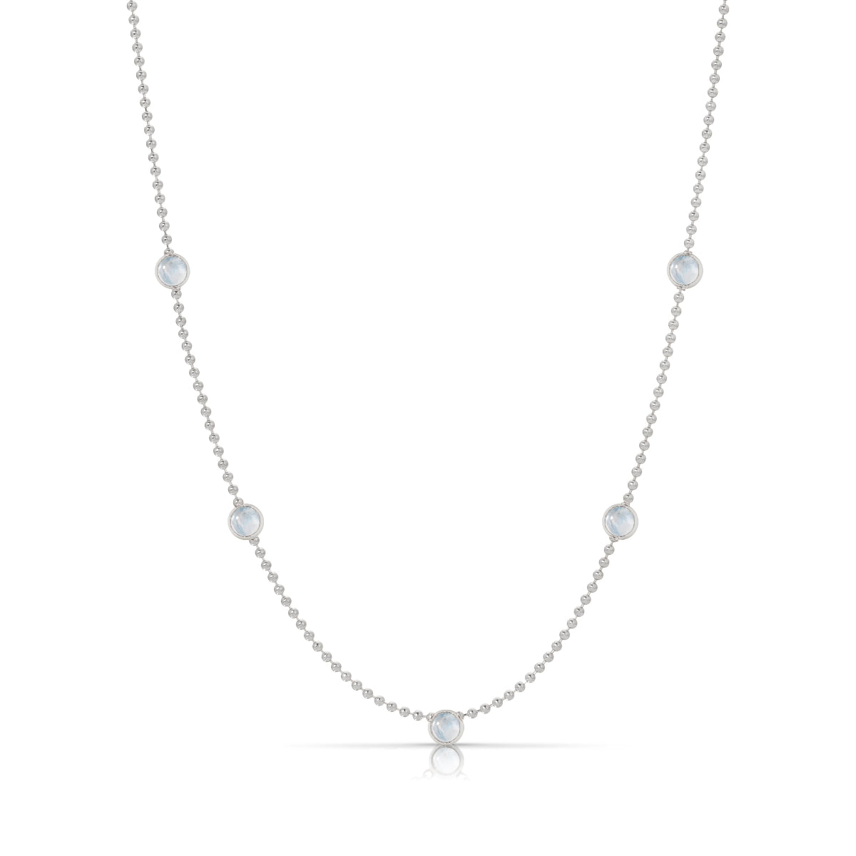 A Quintet Birthstone Layering Necklace – White Gold in Moonstone – June on a white background.