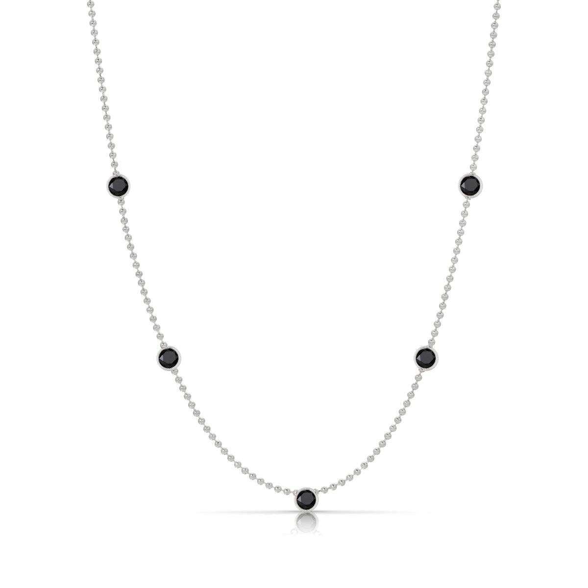 A Quintet Birthstone Layering Necklace – White Gold in Onyx – August on a white background.