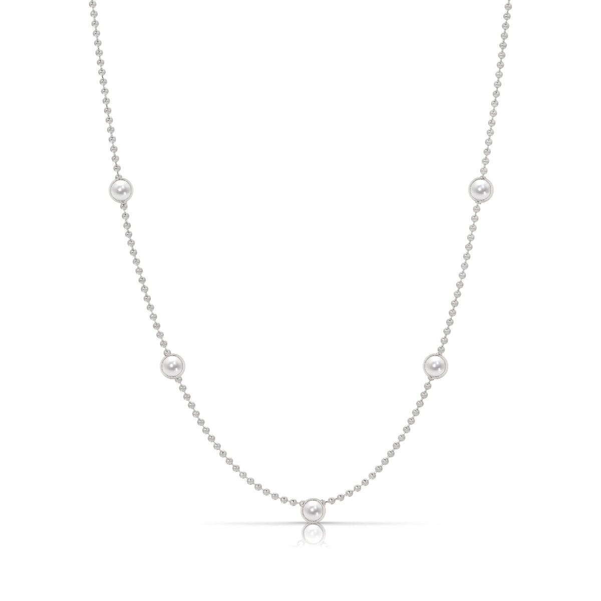 A Quintet Birthstone Layering Necklace – White Gold in Pearl – June on a white background.