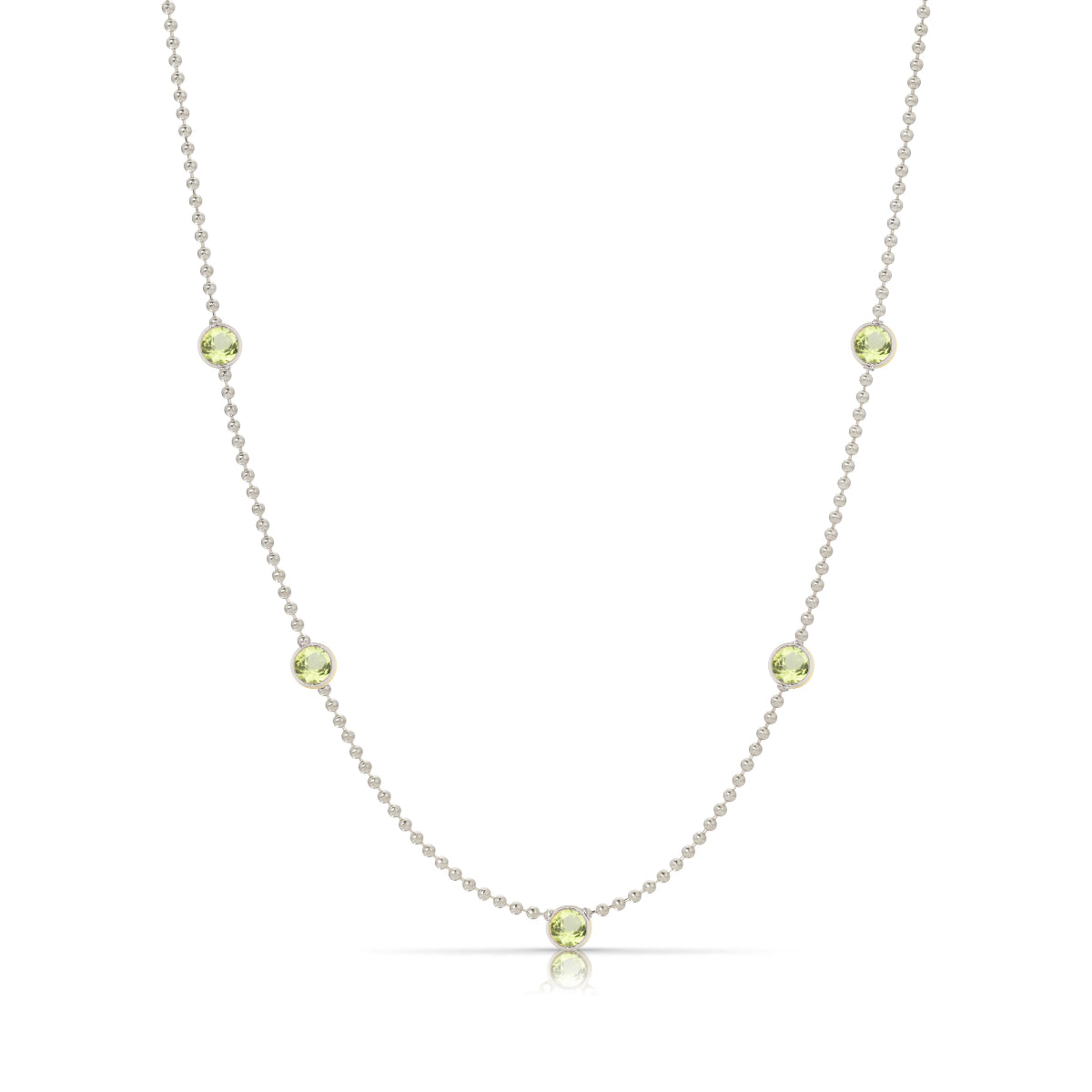 A Quintet Birthstone Layering Necklace – White Gold in Peridot – August on a white background.