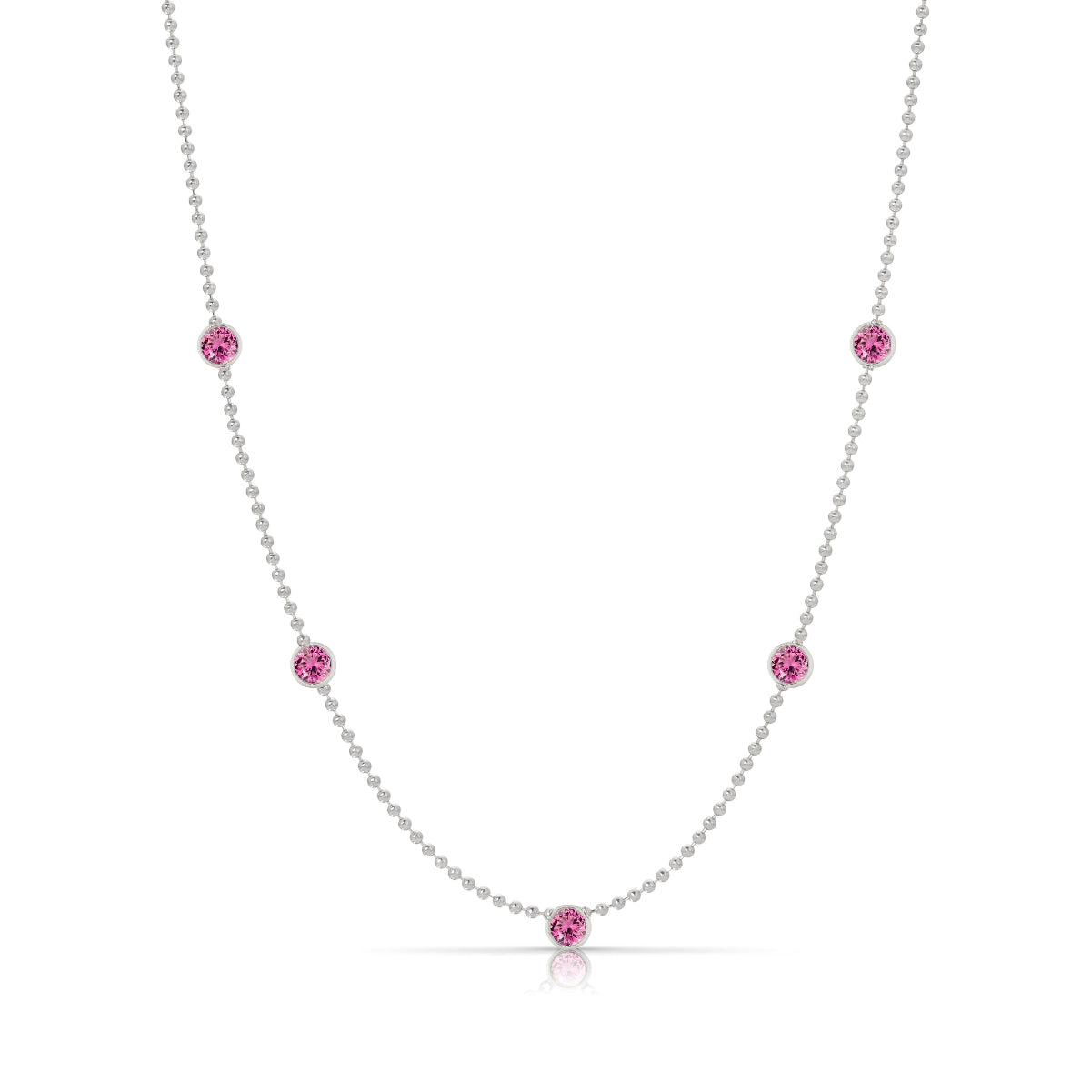 A Quintet Birthstone Layering Necklace – White Gold in Pink Tourmaline – October on a white background.