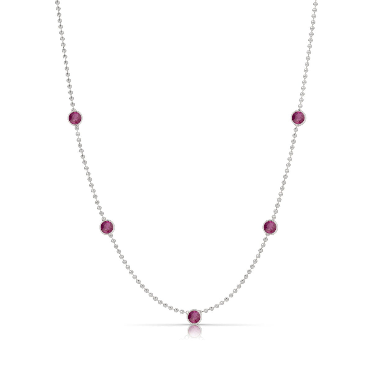 A Quintet Birthstone Layering Necklace – White Gold in Ruby – July on a white background.