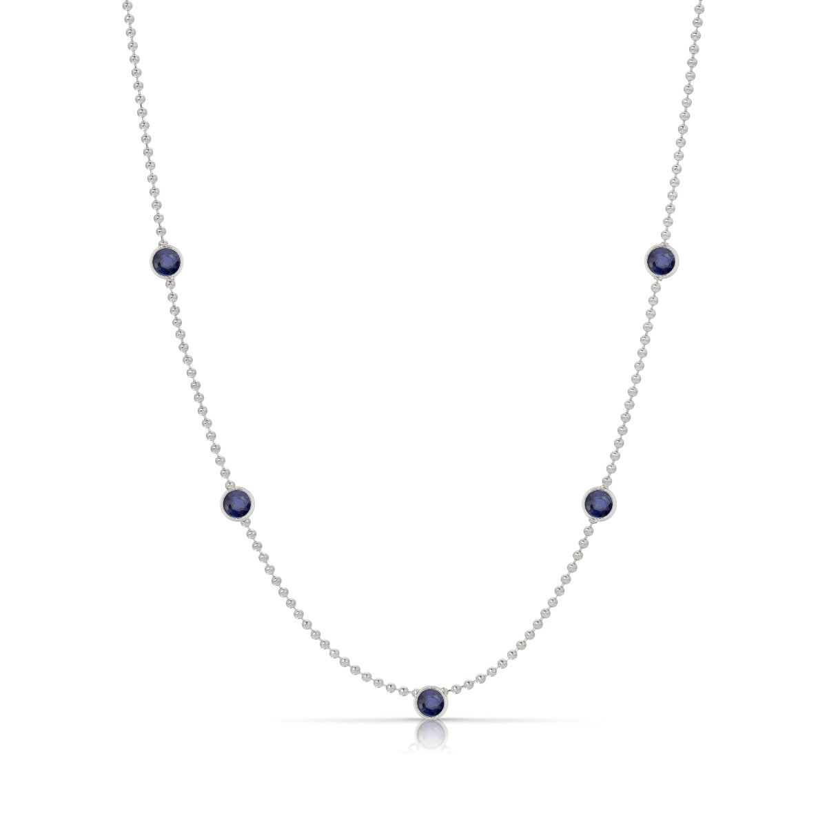 A Quintet Birthstone Layering Necklace – White Gold in Sapphire – September on a white background.