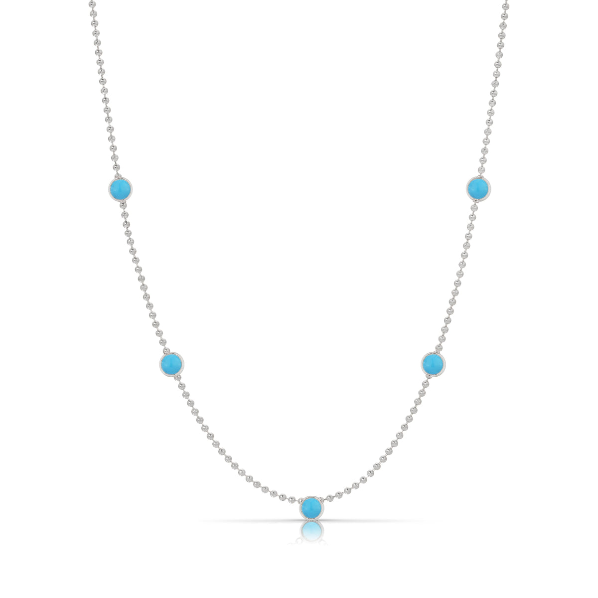 A Quintet Birthstone Layering Necklace – White Gold in Turquoise – December on a white background.