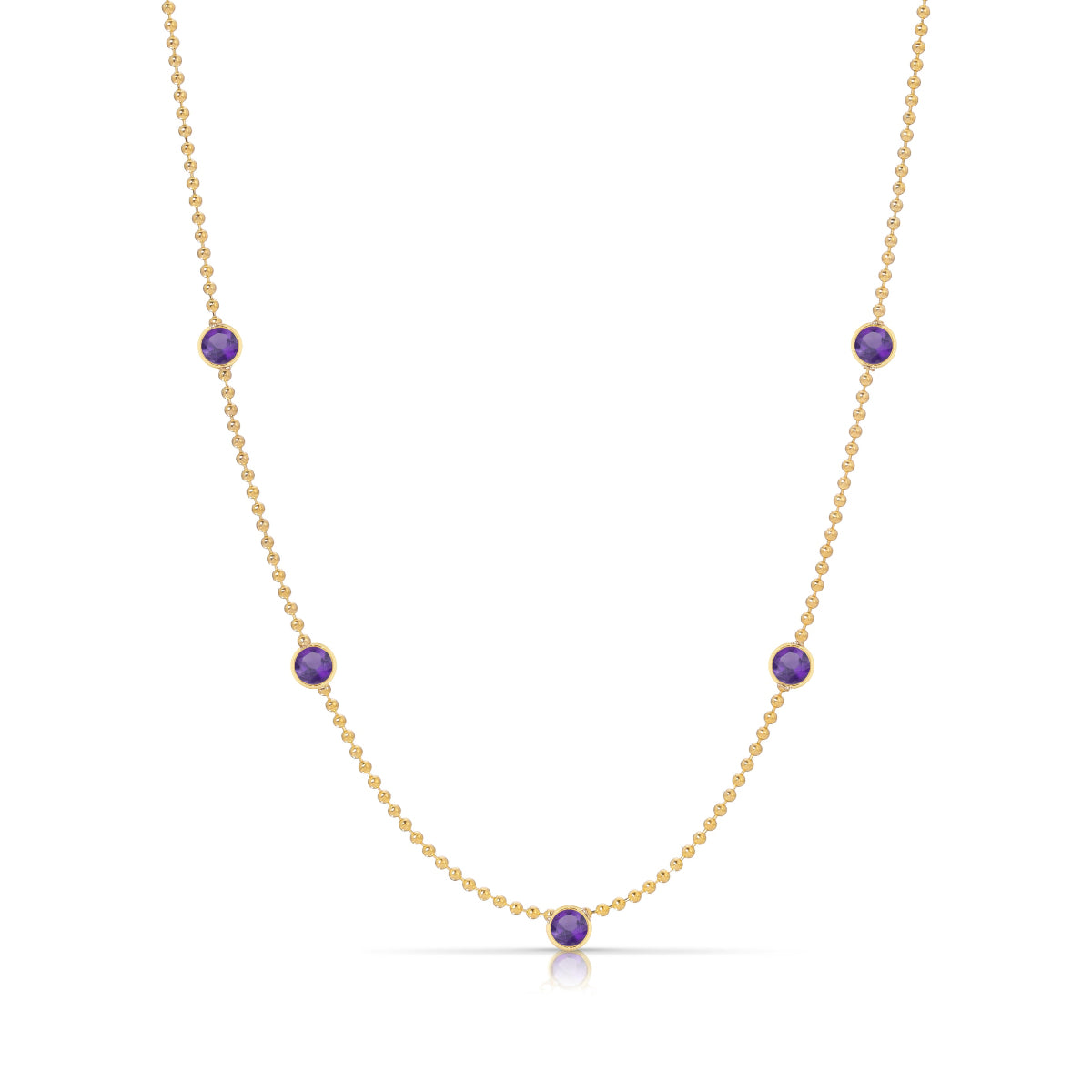 A Quintet Birthstone Layering Necklace - Yellow Gold in Amethyst - February on a white background.