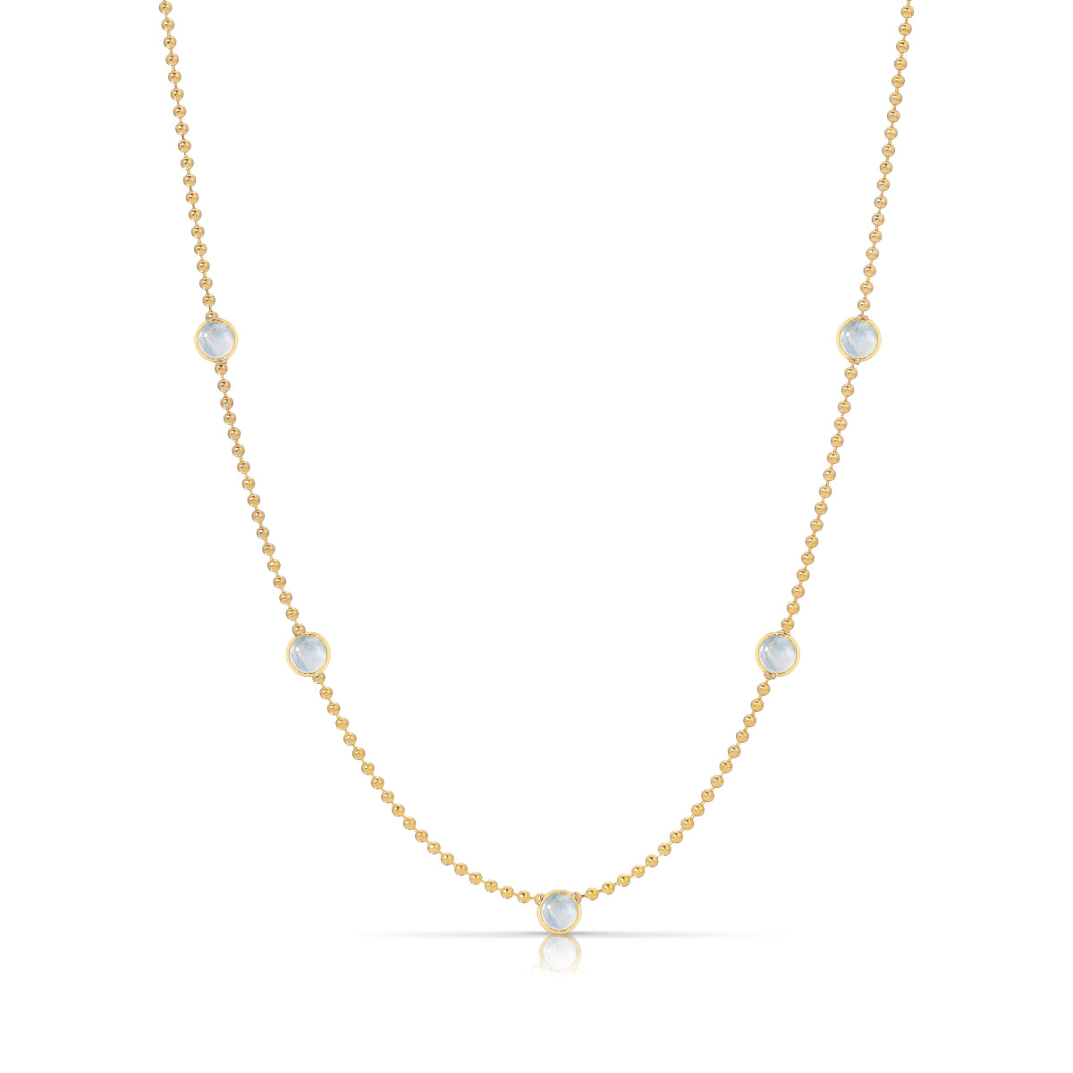 A Quintet Birthstone Layering Necklace - Yellow Gold in Moonstone - June on a white background.