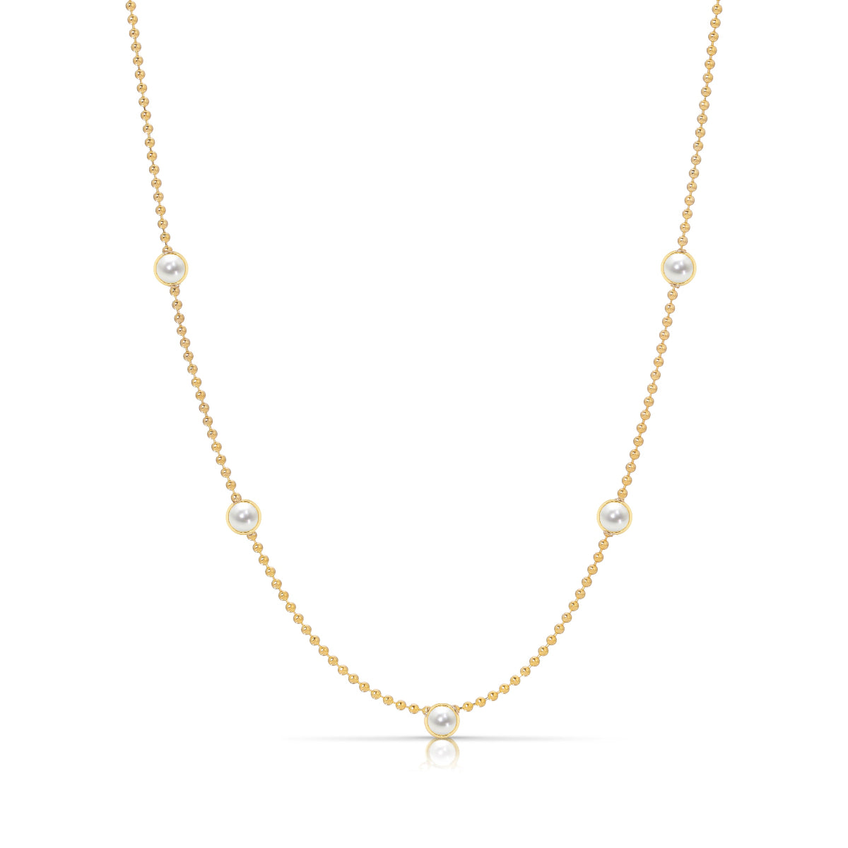 A Quintet Birthstone Layering Necklace - Yellow Gold in Pearl - June on a white background.