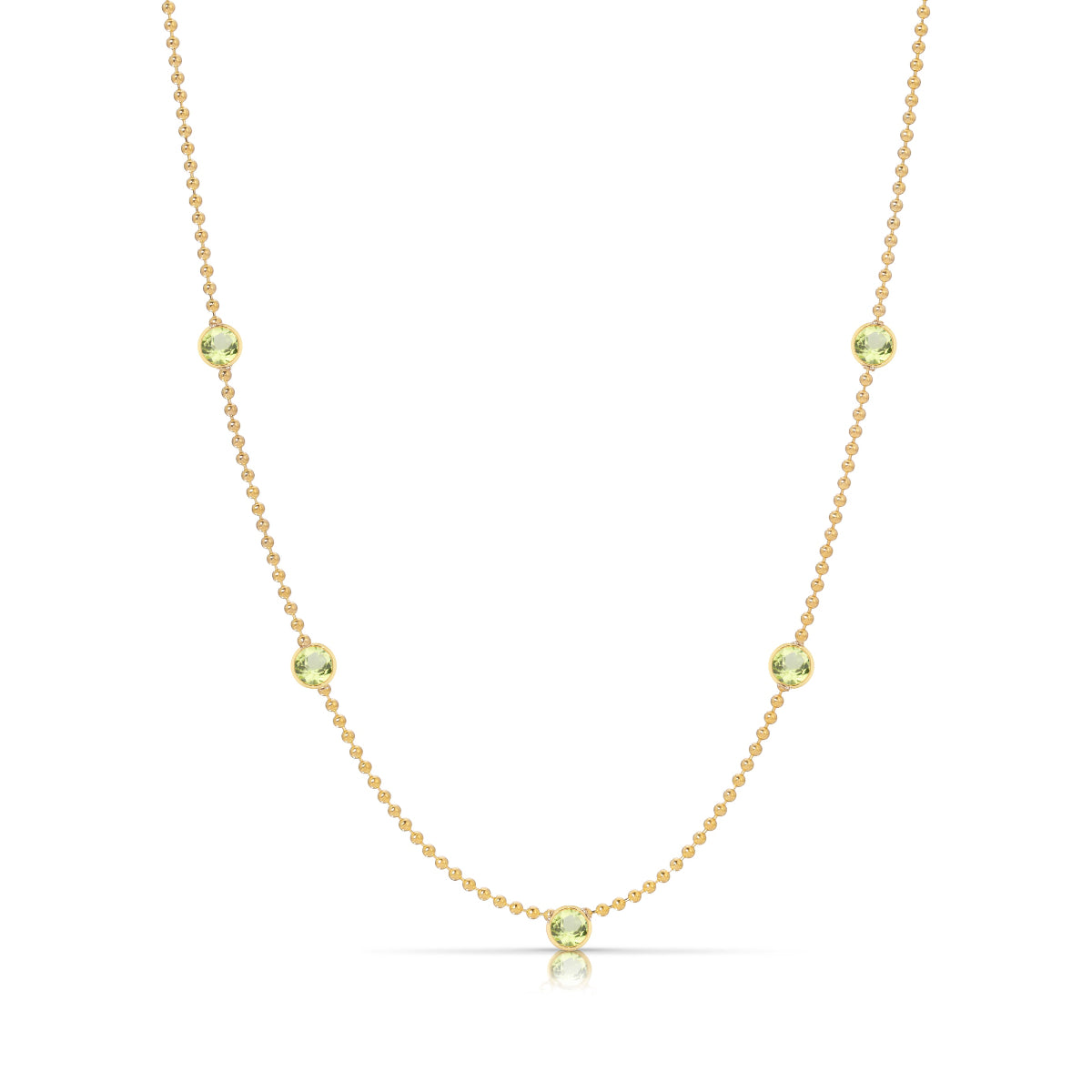 A Quintet Birthstone Layering Necklace - Yellow Gold in Peridot - August on a white background.