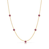 A Quintet Birthstone Layering Necklace - Yellow Gold in Ruby - July on a white background. 