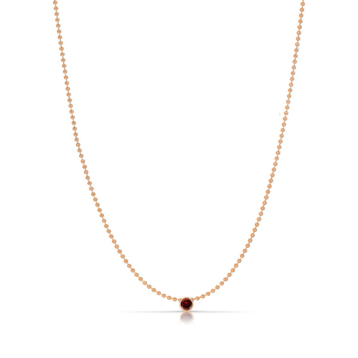 A Single Birthstone Layering Necklace - Rose Gold in Garnet on a white background.
