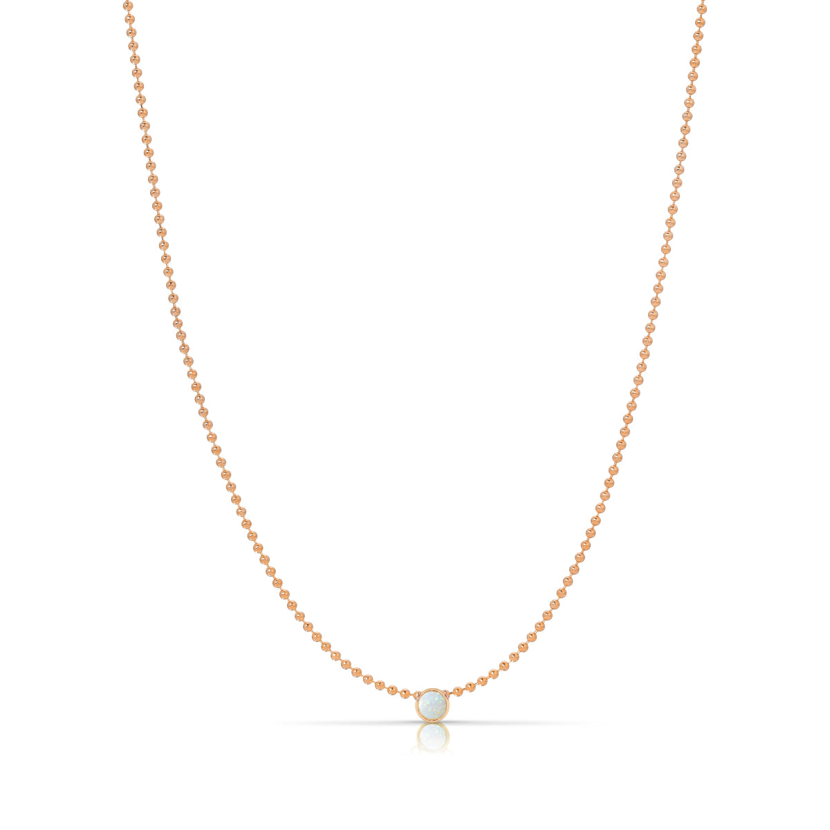 A Single Birthstone Layering Necklace - Rose Gold in Opal on a white background.