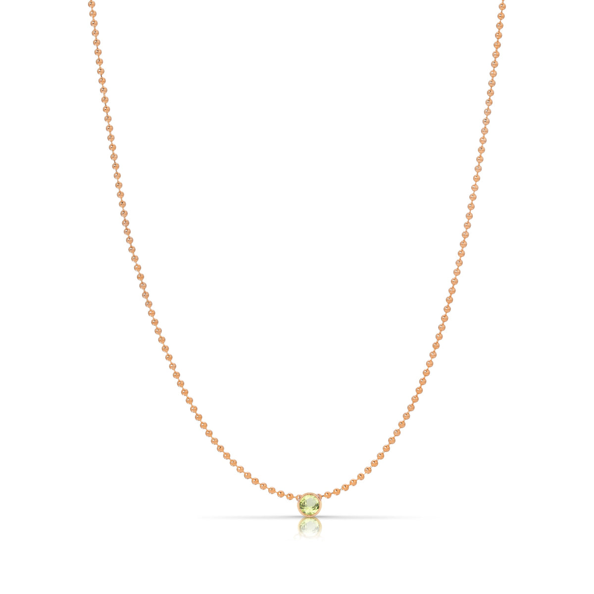 A Single Birthstone Layering Necklace - Rose Gold in Peridot on a white background.