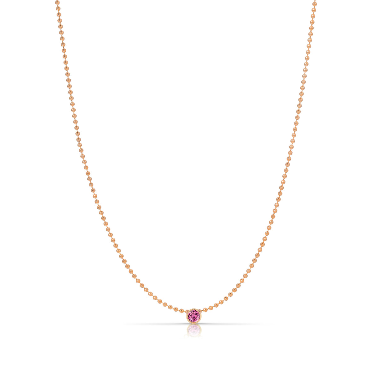 A Single Birthstone Layering Necklace - Rose Gold in Pink Tourmaline on a white background.