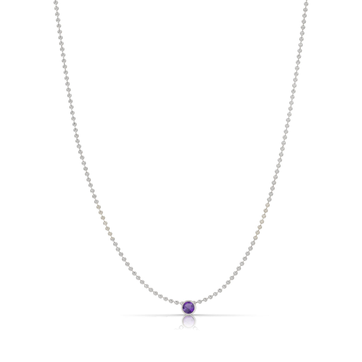 A Single Birthstone Layering Necklace - White Gold in Amethyst on a white background.