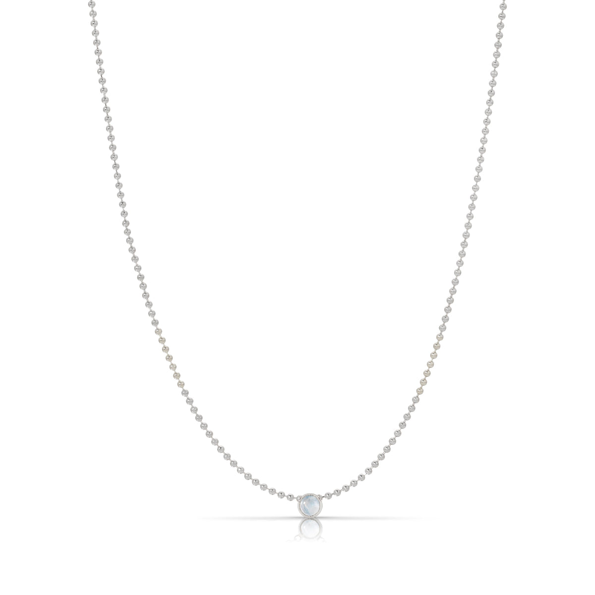 A Single Birthstone Layering Necklace - White Gold in Moonstone on a white background.