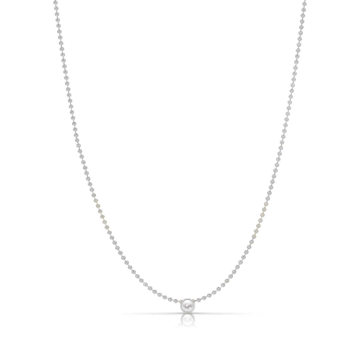 A Single Birthstone Layering Necklace -White Gold in Pearl on a white background.